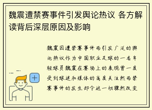 魏震遭禁赛事件引发舆论热议 各方解读背后深层原因及影响